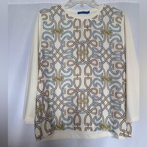 J.McLaughlin Alessandra Knit Top Off-White Blue Sand Beltmore Geometric L NWT